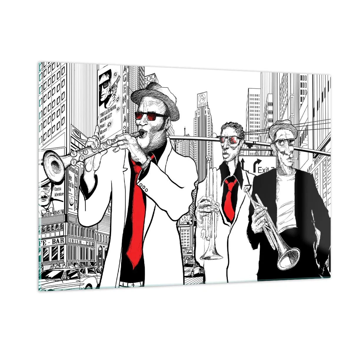 Cuadro sobre vidrio - Impresiones sobre Vidrio - Una banda callejera de jazz con un estilo gráfico moderno. - 120x80cm - Rapsodia urbana en negro y rojo - Decoración de pared moderna para salón y dormitorio ARTTOR