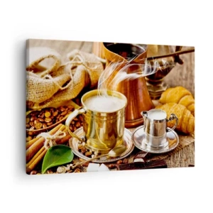 Cuadro sobre lienzo - Impresión de Imagen - Una taza de café dorada rodeada de granos, jarras y croissants. - 70x50cm - Que tengas un buen día - Decoración de pared moderna para salón y dormitorio ARTTOR