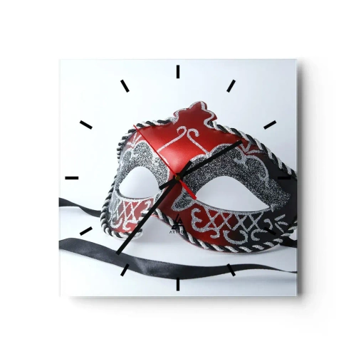 Reloj de pared - Reloj de vidrio - Máscara de carnaval roja sobre un fondo claro - 30x30cm - Invitación al baile - Decoración de pared moderna para salón y dormitorio ARTTOR