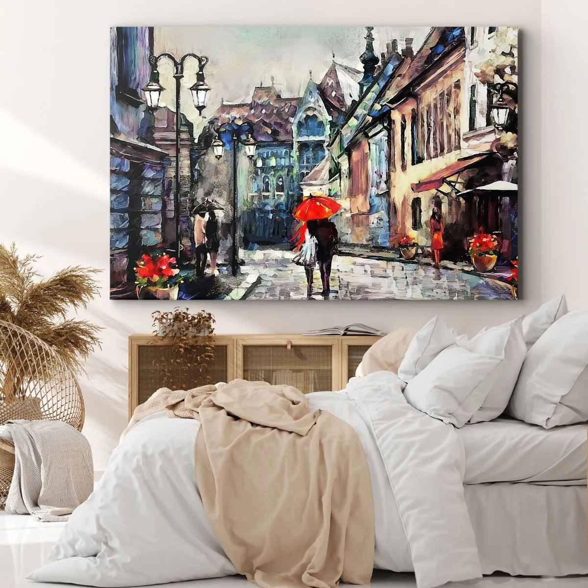 Cuadro sobre lienzo - Impresión de Imagen - Una encantadora calle de la ciudad con una pareja bajo un paraguas rojo. - 70x50cm - Lluvia para dos - Decoración de pared moderna para salón y dormitorio ARTTOR