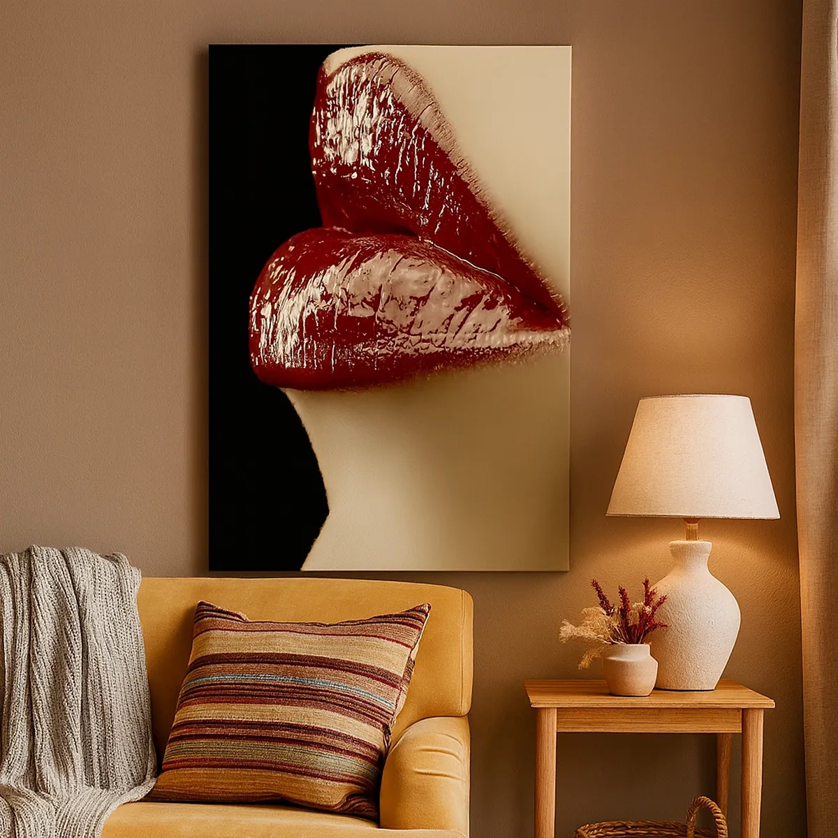Cuadro sobre lienzo - Impresión de Imagen - Labios rojos y lápiz labial sobre un fondo negro. - 50x70cm - Sensualidad y brillo del carmín - Decoración de pared moderna para salón y dormitorio ARTTOR