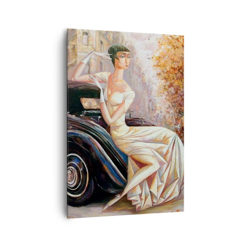 Cuadro sobre lienzo - Impresión de Imagen - Mujer retro junto a un coche clásico - 70x100cm - Elegancia retro - Decoración de pared moderna para salón y dormitorio ARTTOR
