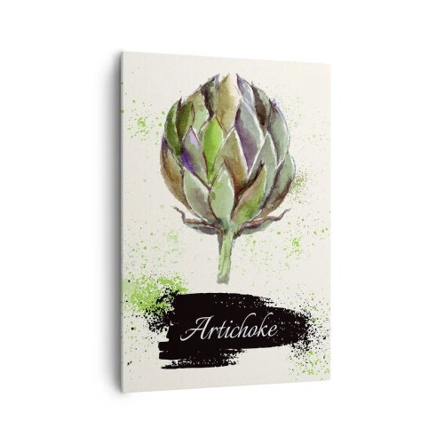 Cuadro sobre lienzo - Impresión de Imagen - Alcachofa de acuarela con texto sobre un fondo claro con acentos verdes. - 70x100cm - El sabor del otoño - Decoración de pared moderna para salón y dormitorio ARTTOR