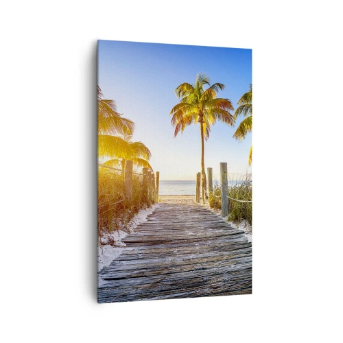 Cuadro sobre lienzo - Impresión de Imagen - Camino de madera en la playa con palmeras al fondo - 80x120cm - Directo al paraíso - Decoración de pared moderna para salón y dormitorio ARTTOR