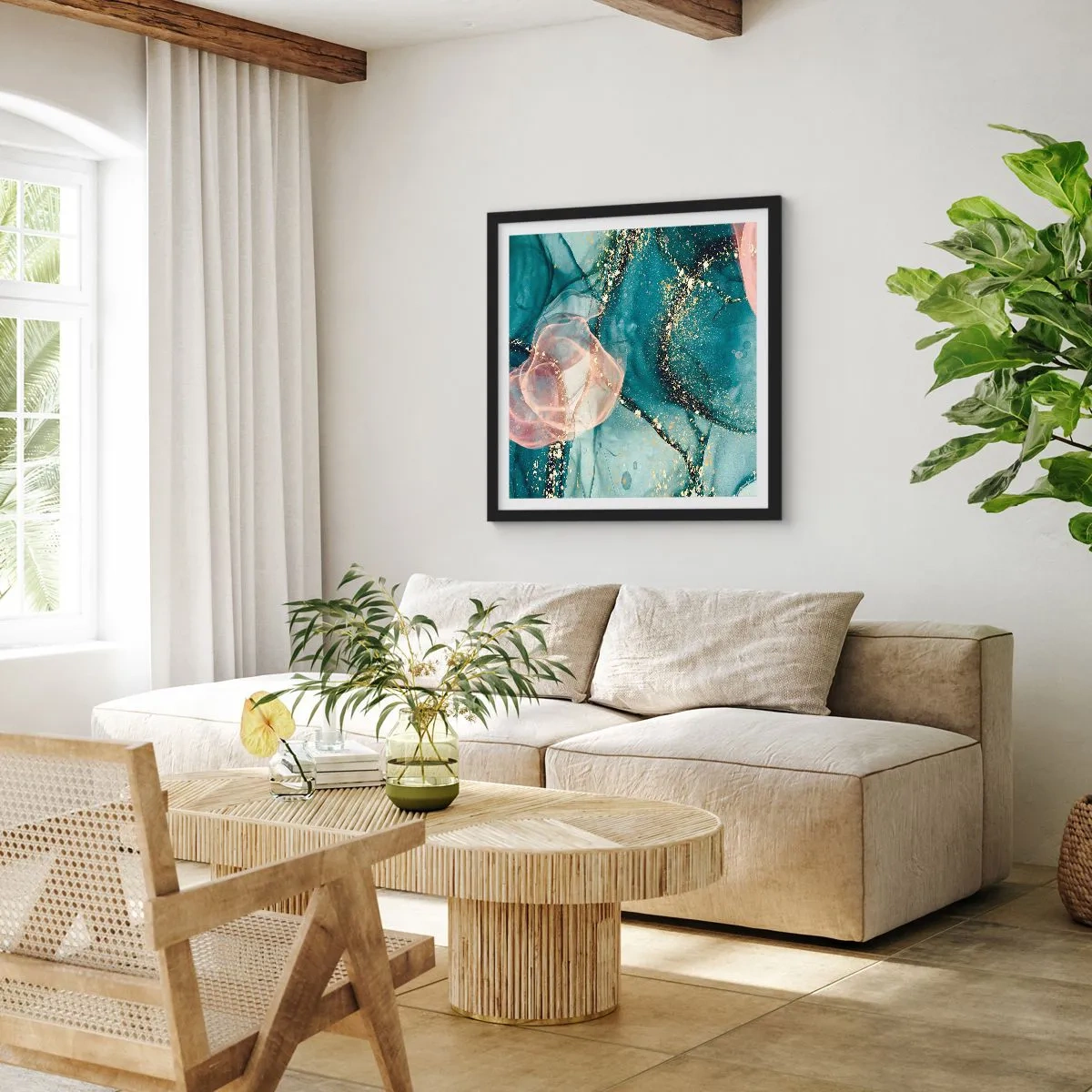 Póster en marco negro - Seda azul, tul rosa - 50x50 cm