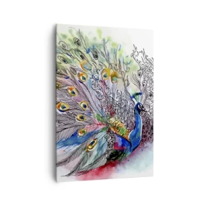 Cuadro sobre lienzo - Impresión de Imagen - Un pavo real en un colorido estilo de acuarela con plumas abstractas. - 70x100cm - Con orgullo contra el gris  - Decoración de pared moderna para salón y dormitorio ARTTOR