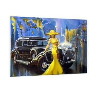 Cuadro sobre vidrio - Impresiones sobre Vidrio - Una mujer con un vestido amarillo junto a un coche clásico. - 120x80cm - Noche de violín y pasión - Decoración de pared moderna para salón y dormitorio ARTTOR