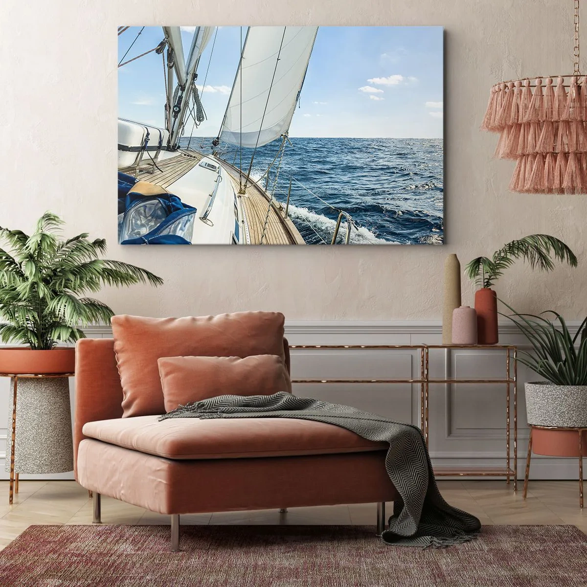 Cuadro sobre lienzo - Impresión de Imagen - Un velero en un mar tranquilo bajo un cielo azul. - 70x50cm - Ahoy, a la aventura - Decoración de pared moderna para salón y dormitorio ARTTOR