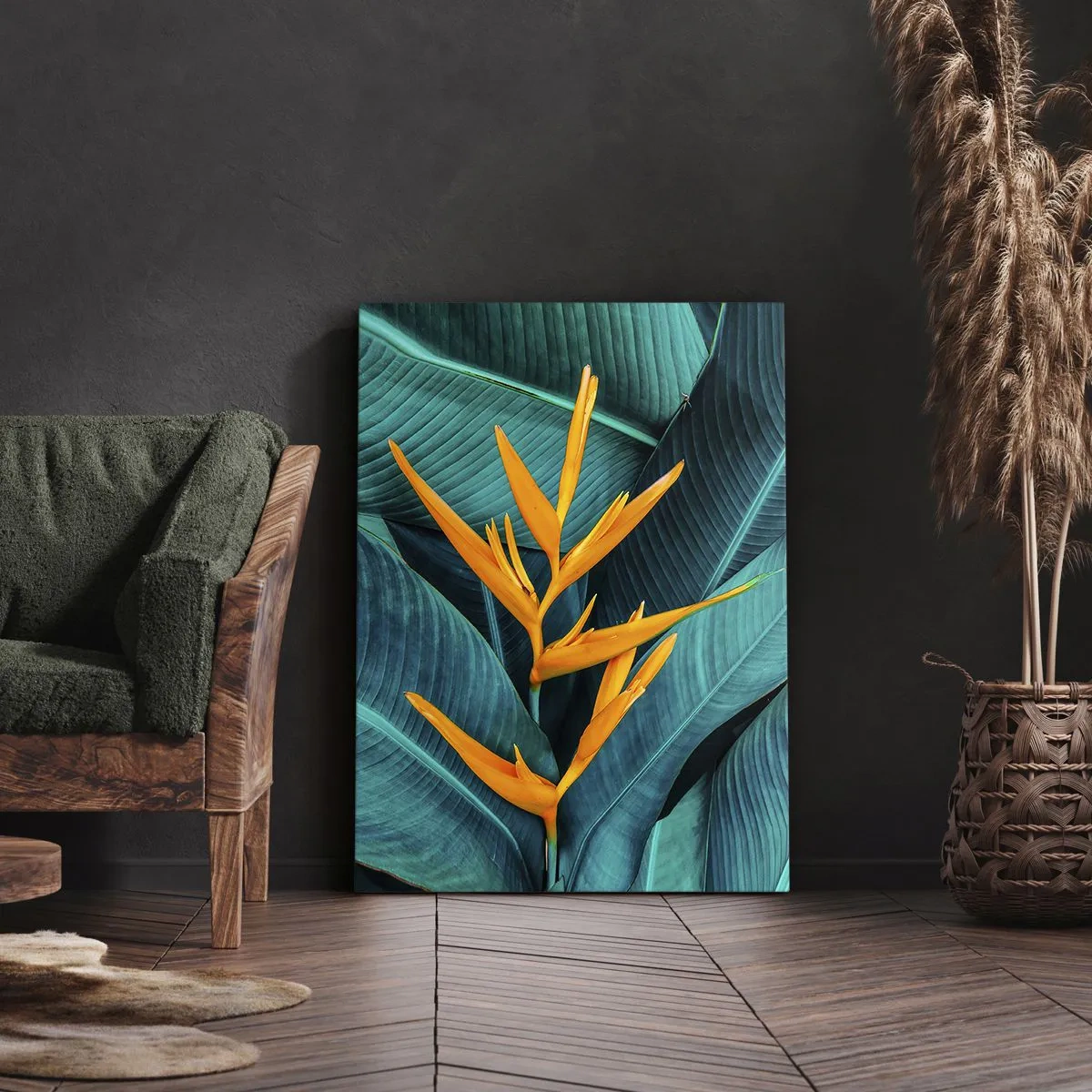 Cuadro sobre lienzo - Impresión de Imagen - Una flor exótica sobre un fondo de hojas de plátano en tonos turquesas. - 70x100cm - Flor del Edén - Decoración de pared moderna para salón y dormitorio ARTTOR