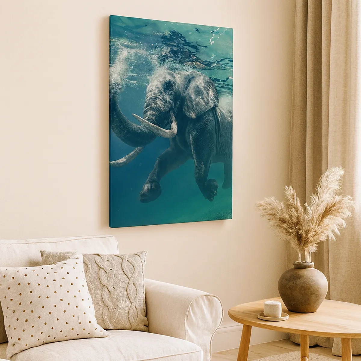 Cuadro sobre lienzo - Impresión de Imagen - Un elefante nadando bajo el agua en las profundidades turquesas. - 50x70cm - A todos nos gusta nadar - Decoración de pared moderna para salón y dormitorio ARTTOR