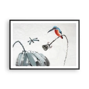 Póster en marco negro - Un pájaro colorido sobre un fondo de vegetación y una libélula. - 100x70cm - La vida de la pradera - Decoración de pared moderna para salón y dormitorio ARTTOR