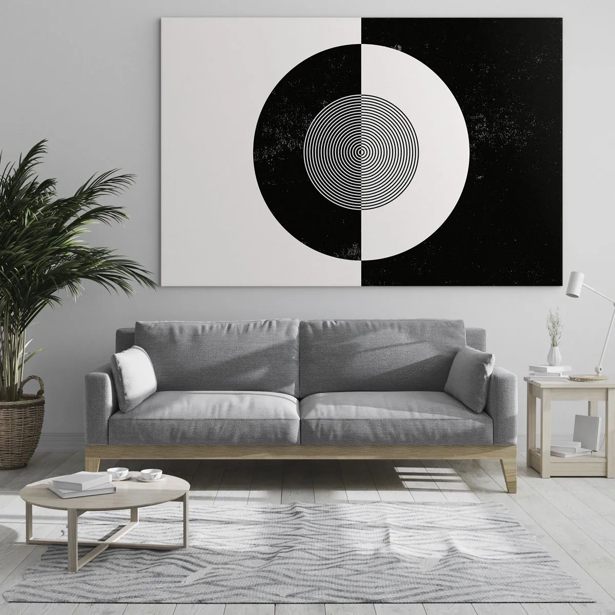 Cuadro sobre vidrio - Impresiones sobre Vidrio - Patrón geométrico de simetría en blanco y negro. - 100x70cm - Armonía en blanco y negro - Decoración de pared moderna para salón y dormitorio ARTTOR