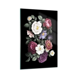 Cuadro sobre vidrio - Impresiones sobre Vidrio - Flores en varios colores sobre fondo negro. - 70x100cm - De un jardín inglés - Decoración de pared moderna para salón y dormitorio ARTTOR