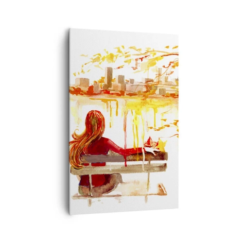 Cuadro sobre lienzo - Impresión de Imagen - Escena de acuarela de una mujer en un banco con vistas a la ciudad. - 80x120cm - Un momento de reflexión - Decoración de pared moderna para salón y dormitorio ARTTOR