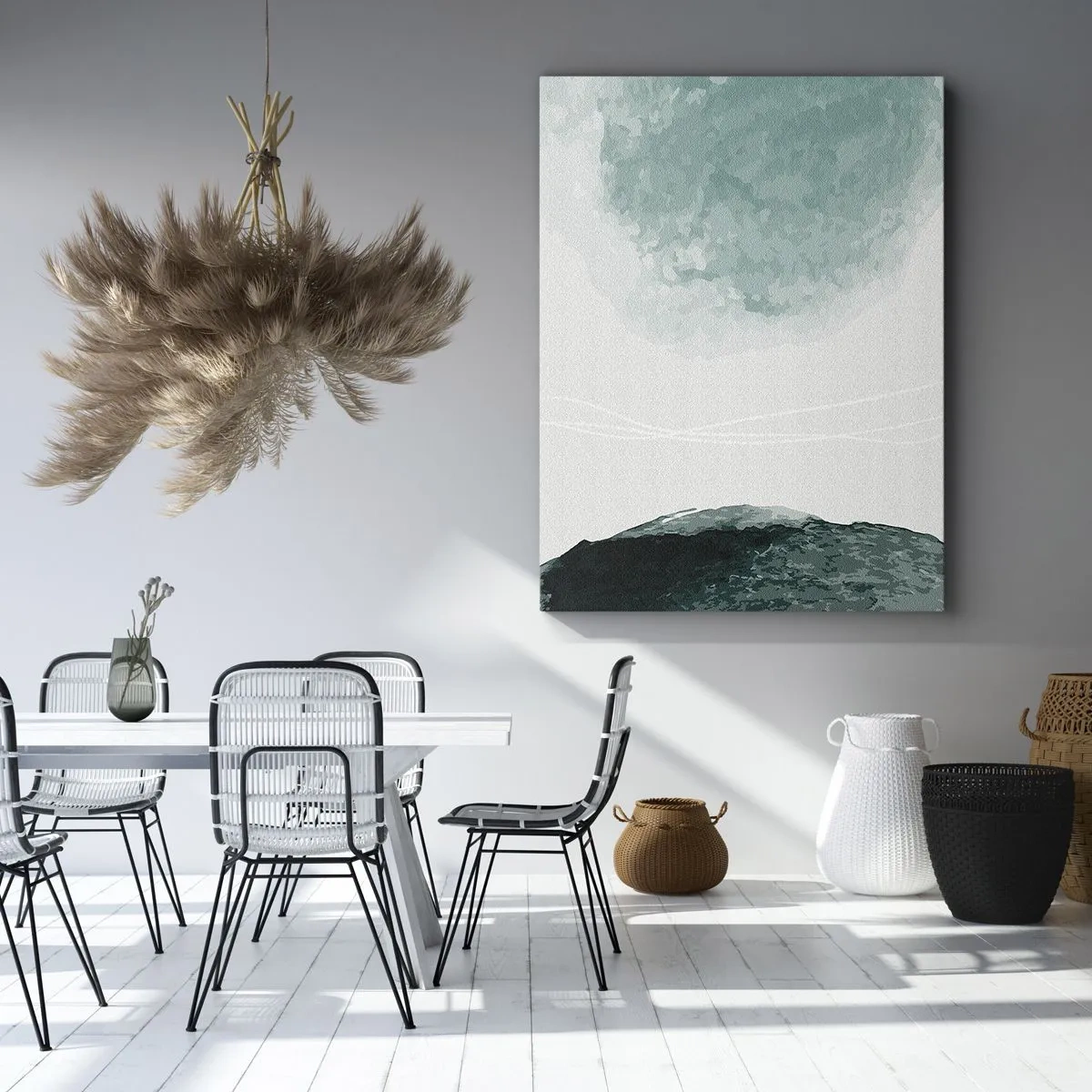 Cuadro sobre lienzo - Impresión de Imagen - Una delicada composición abstracta en tonos verdes con formas sutiles sobre un fondo claro. - 50x70cm - Un encuentro con la niebla - Decoración de pared moderna para salón y dormitorio ARTTOR