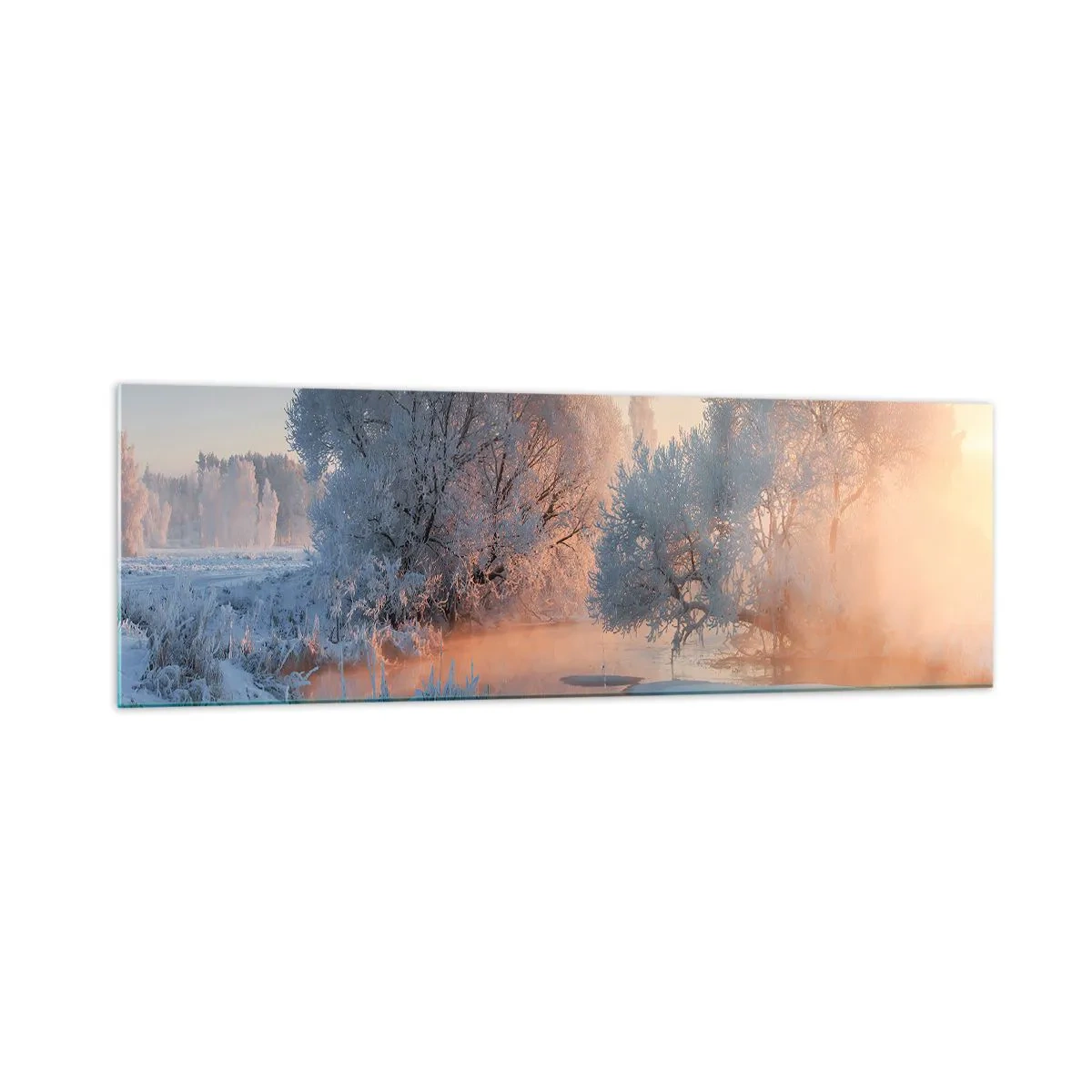 Cuadro sobre vidrio - Impresiones sobre Vidrio - Paisaje invernal con árboles cubiertos de nieve y una puesta de sol. - 160x50cm - Brillo cristalino - Decoración de pared moderna para salón y dormitorio ARTTOR