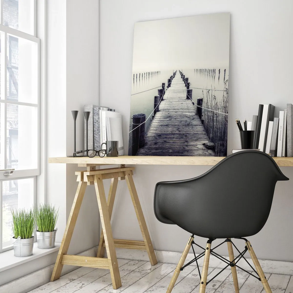 Cuadro sobre vidrio - Impresiones sobre Vidrio - Un puente de madera que conduce a un espacio brumoso. - 70x100cm - Sumergirse en la paz - Decoración de pared moderna para salón y dormitorio ARTTOR
