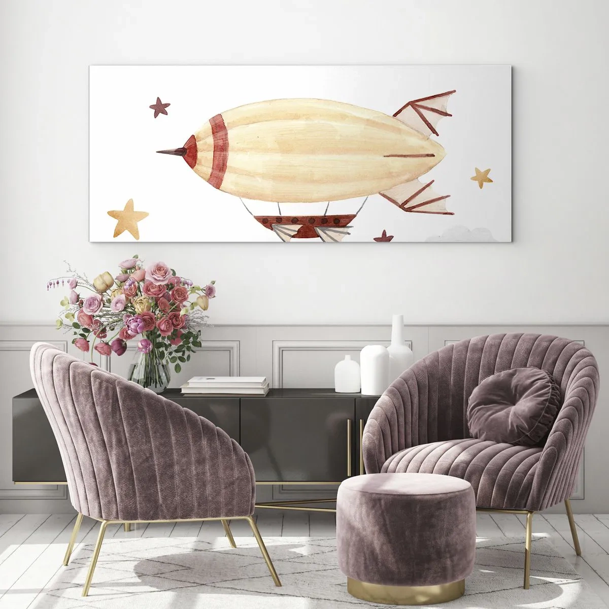 Cuadro sobre vidrio - Impresiones sobre Vidrio - Un dirigible pintado a mano con un fondo de estrellas. - 140x50cm - Dirigible - Decoración de pared moderna para salón y dormitorio ARTTOR