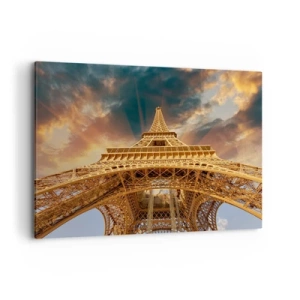 Cuadro sobre lienzo - Impresión de Imagen - La Torre Eiffel desde abajo con el sol poniente como telón de fondo - 100x70cm - Mientras la humanidad alcanza el cielo - Decoración de pared moderna para salón y dormitorio ARTTOR