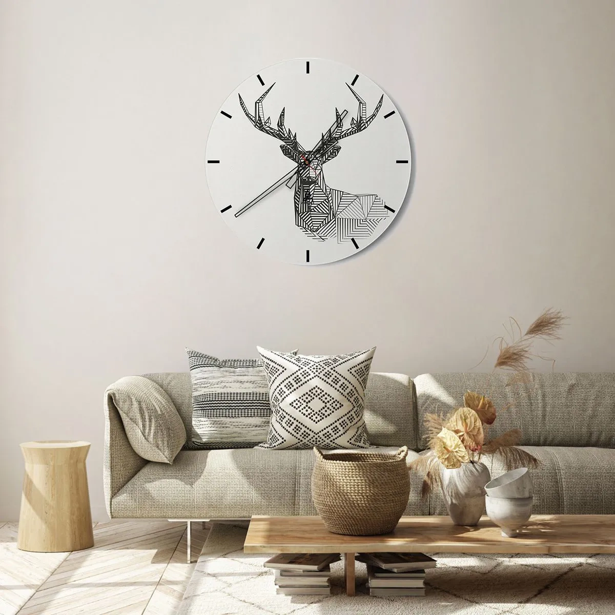 Reloj de pared - Reloj de vidrio - Ciervo lineal geométrico sobre un fondo claro - 30x30cm - Ciervo en estilo cubista - Decoración de pared moderna para salón, cocina y dormitorio ARTTOR