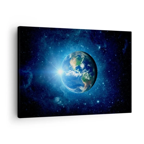 Cuadro sobre lienzo - Impresión de Imagen - La Tierra en el espacio rodeada de estrellas y luz. - 70x50cm - Estamos en el cielo - Decoración de pared moderna para salón y dormitorio ARTTOR