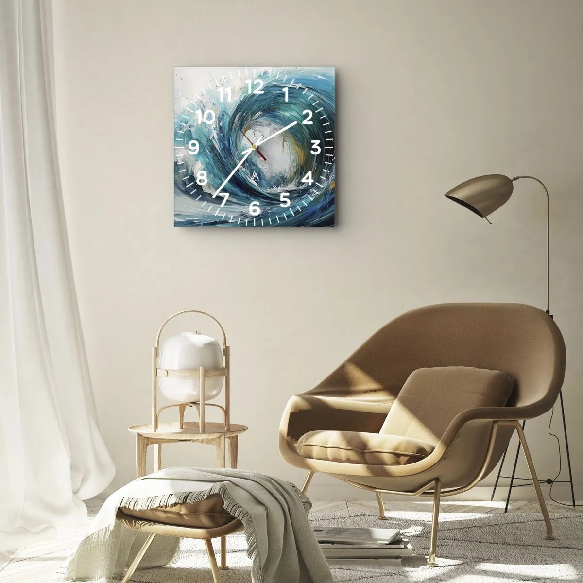 Reloj de pared - Reloj de vidrio - Una ola dinámica en tonos azules y turquesas. - 30x30cm - Portal marino - Decoración de pared moderna para salón y dormitorio ARTTOR