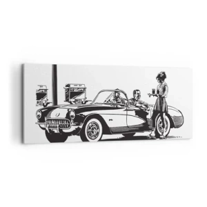 Cuadro sobre lienzo - Impresión de Imagen - Una escena retro en blanco y negro con un coche y una camarera en patines. - 120x50cm - Años 60 - la América despreocupada - Decoración de pared moderna para salón y dormitorio ARTTOR