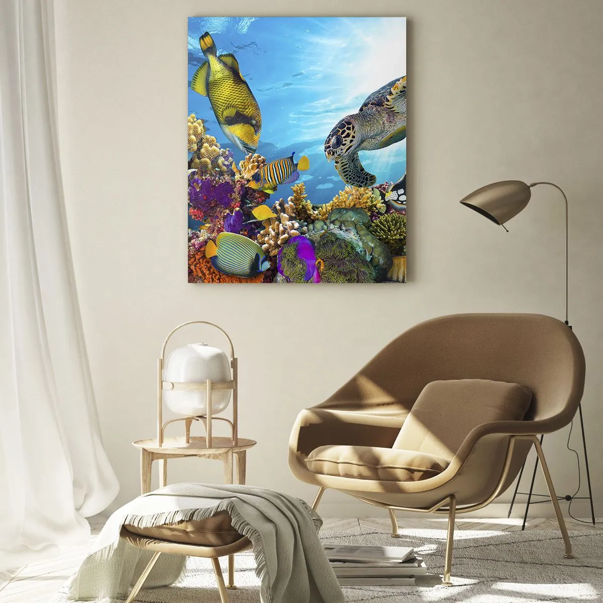 Cuadro sobre vidrio - Impresiones sobre Vidrio - Mundo submarino con peces de colores y una tortuga en el coral. - 80x120cm - Paseo del coral - Decoración de pared moderna para salón y dormitorio ARTTOR