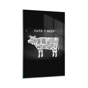 Cuadro sobre vidrio - Impresiones sobre Vidrio - Diagrama de cortes de carne de res sobre un fondo negro - 70x100cm - Manual del carnicero - Decoración de pared moderna para salón y dormitorio ARTTOR