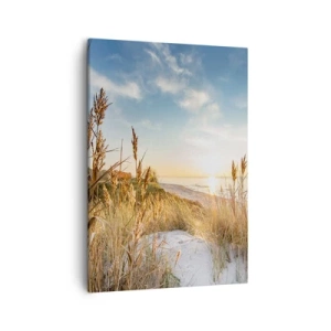 Cuadro sobre lienzo - Impresión de Imagen - Una playa pintoresca con césped y la puesta de sol. - 50x70cm - Playa del norte - Decoración de pared moderna para salón y dormitorio ARTTOR