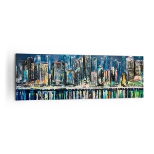Cuadro sobre lienzo - Impresión de Imagen - Panorama de la ciudad nocturna reflejada en el agua. - 160x50cm - Una cascada de luces - Decoración de pared moderna para salón y dormitorio ARTTOR