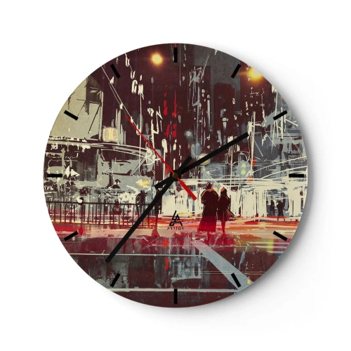 Reloj de pared - Reloj de vidrio - Una pareja de noche con una ciudad iluminada al fondo. - 30x30cm - Una travesía metropolitana - Decoración de pared moderna para salón, cocina y dormitorio ARTTOR