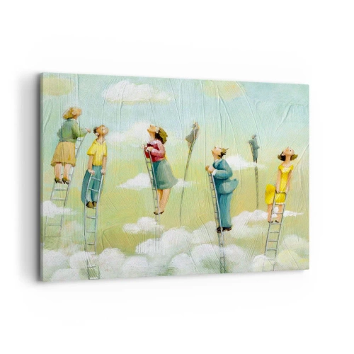 Cuadro sobre lienzo - Impresión de Imagen - Figuras subiendo escaleras entre nubes sobre un fondo pastel. - 100x70cm - Sigue tu sueño - Decoración de pared moderna para salón y dormitorio ARTTOR