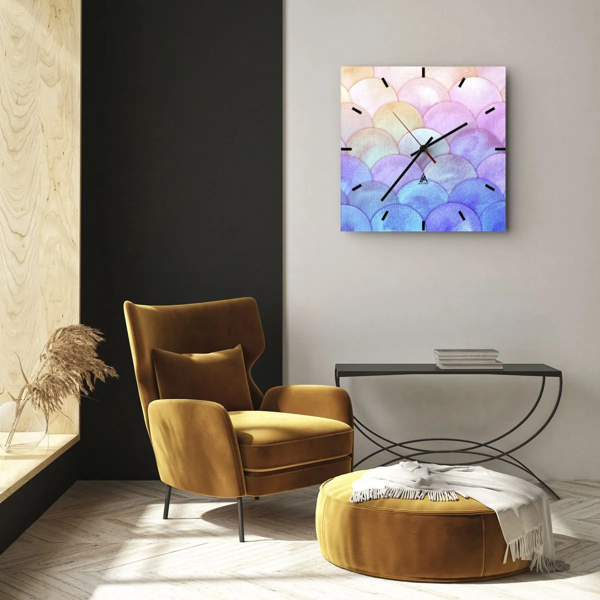 Reloj de pared - Reloj de vidrio - Escamas abstractas en tonos pastel - 30x30cm - Concha de perla - Decoración de pared moderna para salón y dormitorio ARTTOR