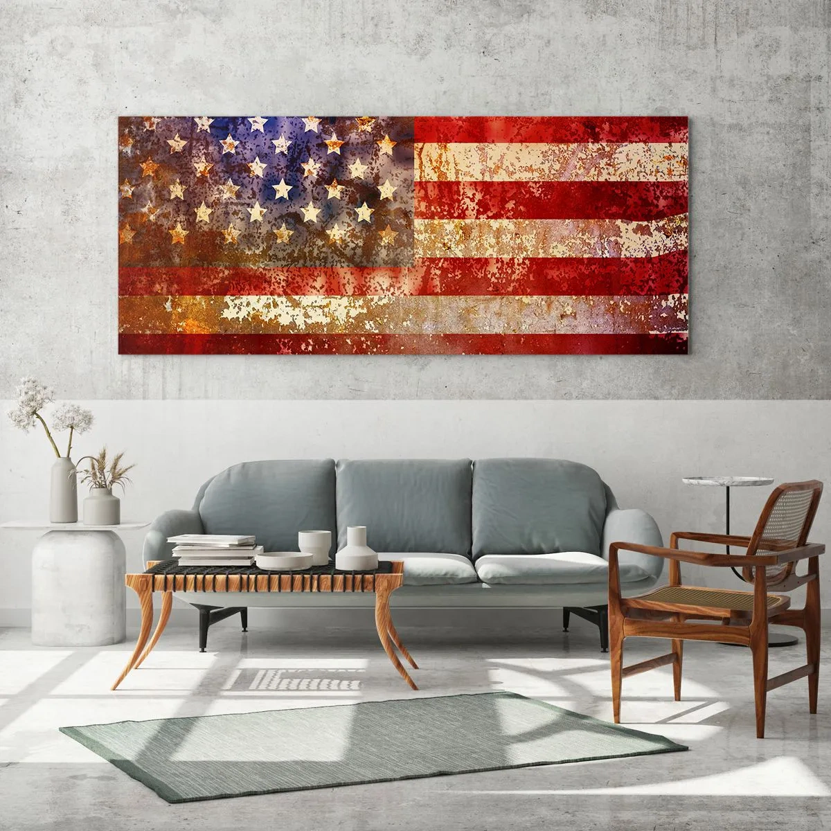 Cuadro sobre vidrio - Impresiones sobre Vidrio - Bandera estadounidense estilizada con efecto envejecido - 120x50cm - La gloria no pasa - Decoración de pared moderna para salón y dormitorio ARTTOR