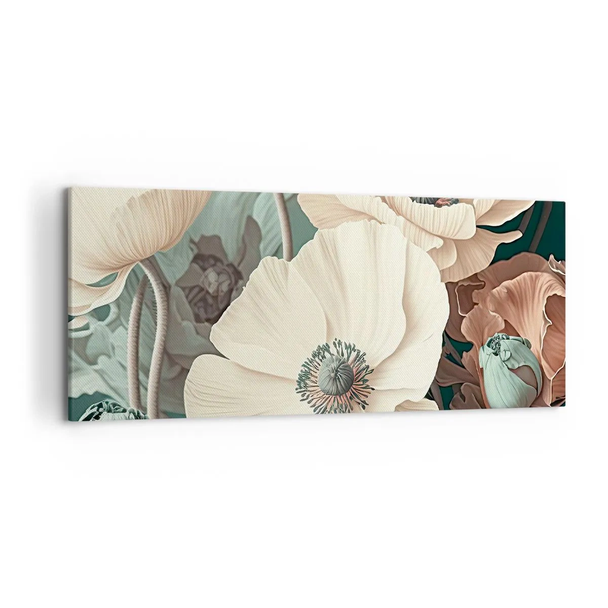 Cuadro sobre lienzo - Impresión de Imagen - Elegantes flores en tonos pastel sobre un fondo verde. - 120x50cm - Susurro de amapolas - Decoración de pared moderna para salón y dormitorio ARTTOR