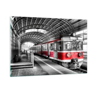 Cuadro sobre vidrio - Impresiones sobre Vidrio - Tren rojo en la estación bajo techo. - 120x80cm - ¿El viaje de su vida? - Decoración de pared moderna para salón y dormitorio ARTTOR