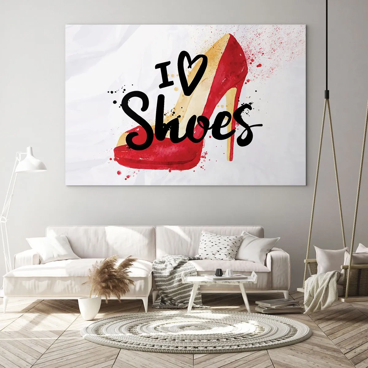 Cuadro sobre vidrio - Impresiones sobre Vidrio - Un tacón alto rojo y la frase "Me encantan los zapatos" sobre un fondo claro. - 70x50cm - El amor tiene más de un nombre - Decoración de pared moderna para salón y dormitorio ARTTOR
