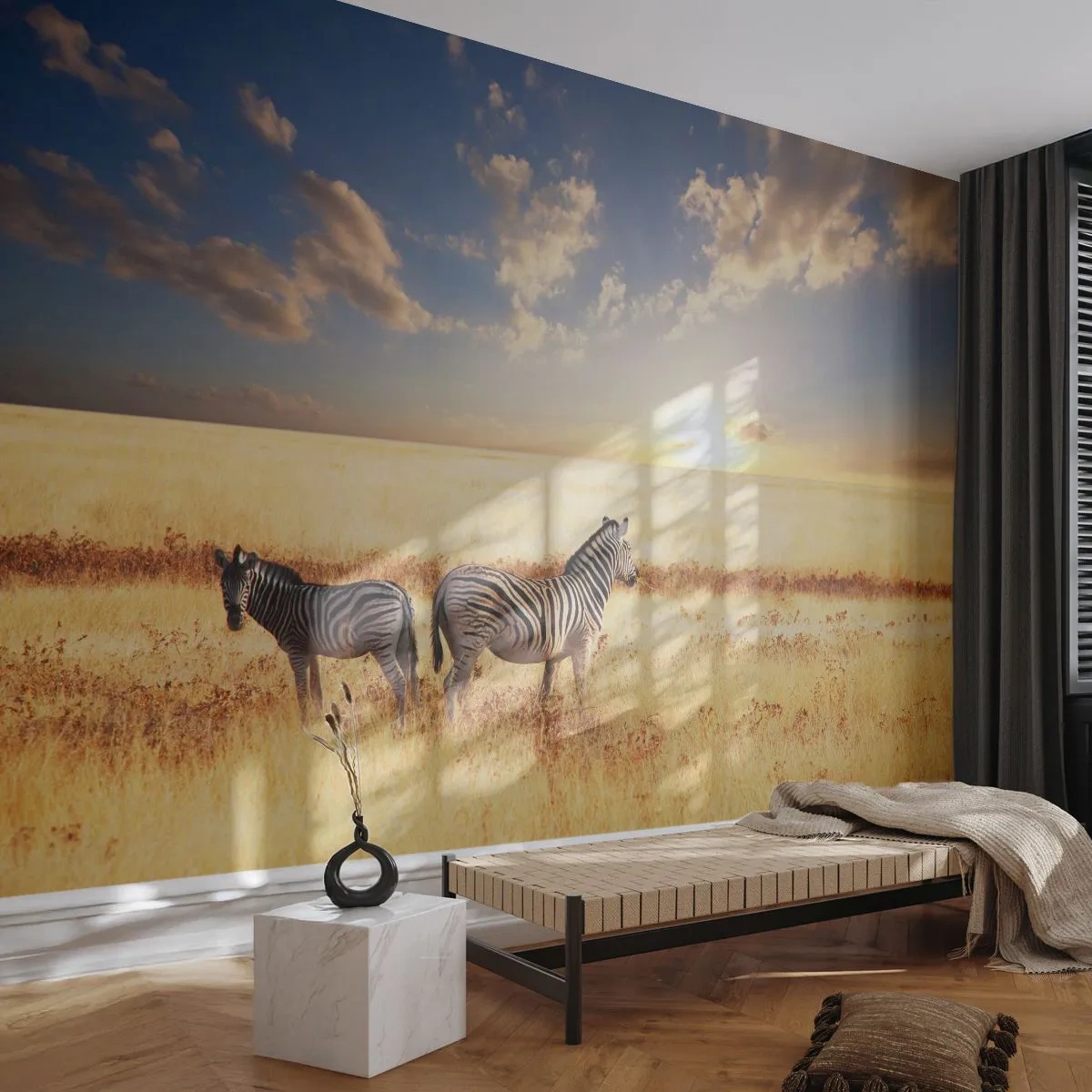 Fotomural Premium Sand - Dos cebras en la sabana al atardecer - 100x70cm - Vete, no perturbes la paz - Decoración de pared moderna para salón y dormitorio ARTTOR