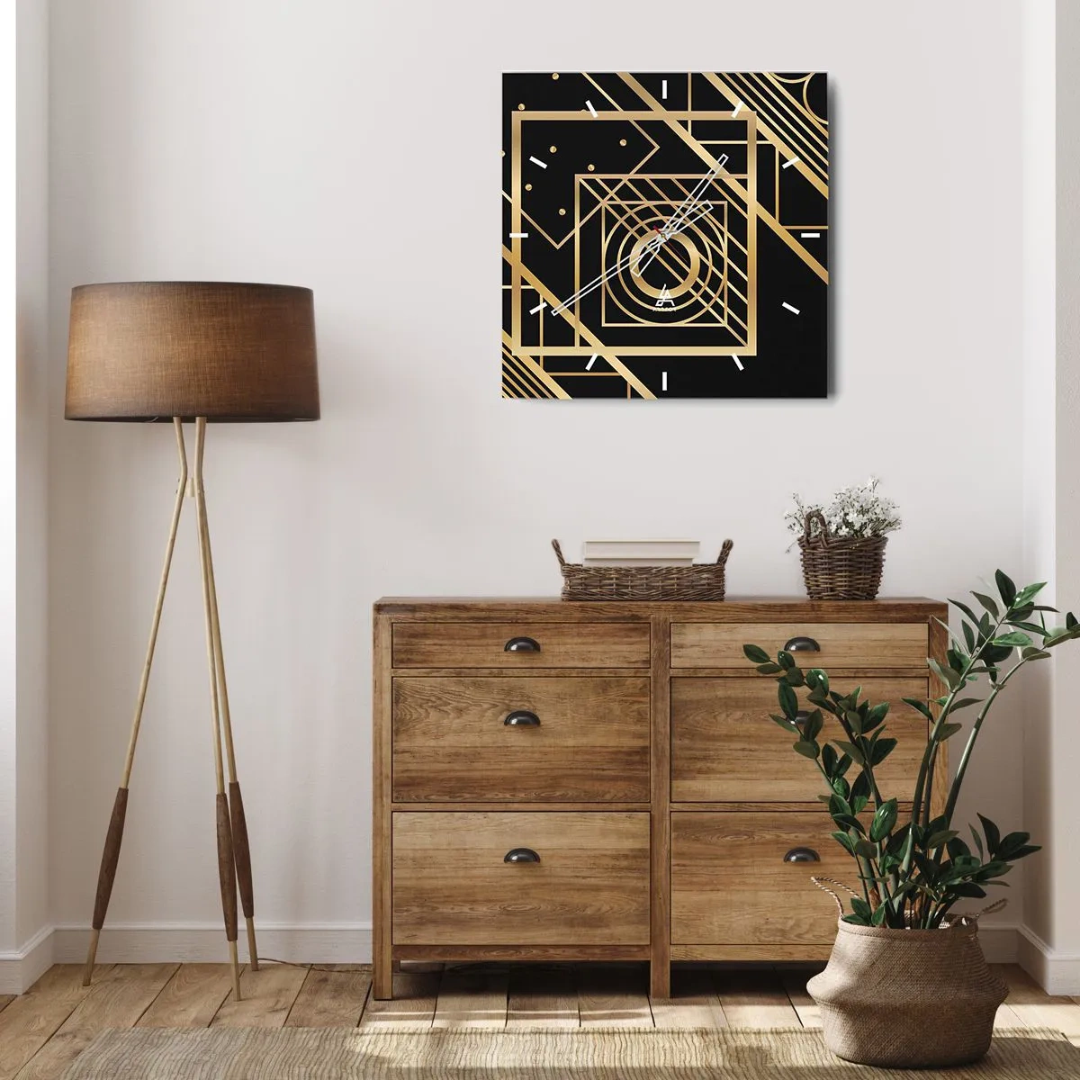 Reloj de pared - Reloj de vidrio - Patrones geométricos dorados sobre un fondo negro - 30x30cm - Geometría dorada - Decoración de pared moderna para salón y dormitorio ARTTOR
