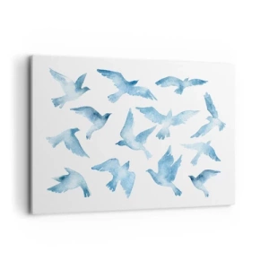 Cuadro sobre lienzo - Impresión de Imagen - Una acuarela sutil que representa pájaros voladores. - 100x70cm - Pájaros azules - Decoración de pared moderna para salón y dormitorio ARTTOR