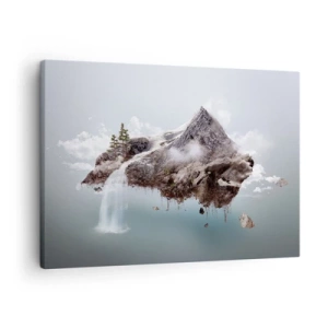 Cuadro sobre lienzo - Impresión de Imagen - Una montaña surrealista flotando en las nubes con una cascada. - 70x50cm - Isla surrealista - Decoración de pared moderna para salón y dormitorio ARTTOR