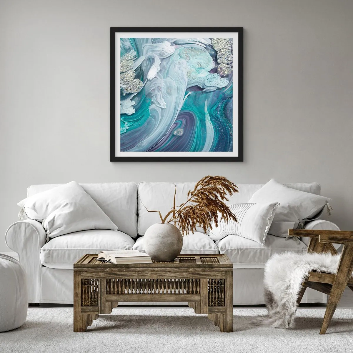 Póster en marco negro - Corrientes de azul - 30x30 cm