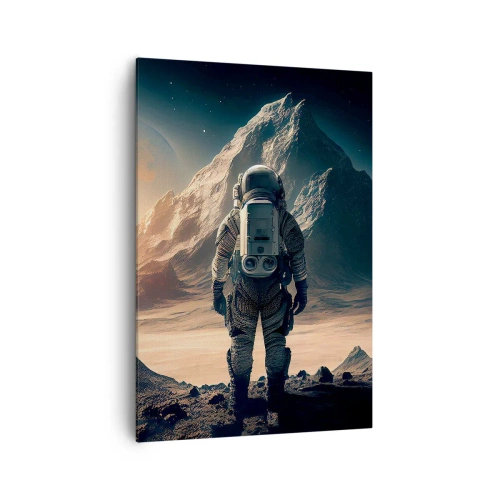 Cuadro sobre lienzo - Impresión de Imagen - Astronauta con el telón de fondo de majestuosas montañas - 70x100cm - Un nuevo reto - Decoración de pared moderna para salón y dormitorio ARTTOR