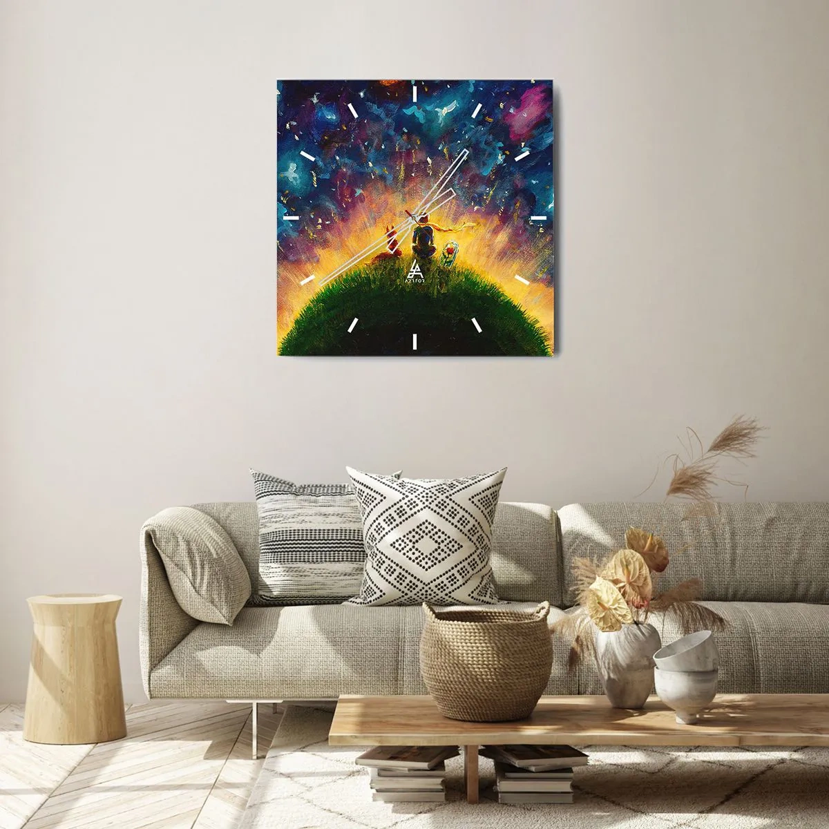 Reloj de pared - Reloj de vidrio - Figuras en una colina verde rodeada de un cielo estrellado. - 30x30cm - Amor y amistad - lo único entero - Decoración de pared moderna para salón y dormitorio ARTTOR