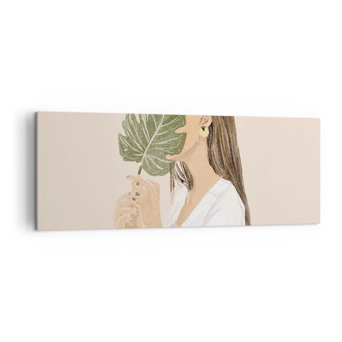Cuadro sobre lienzo - Impresión de Imagen - Retrato de una mujer con una hoja de monstera sobre un fondo beige. - 140x50cm - Retrato misterioso con un abanico - Decoración de pared moderna para salón y dormitorio ARTTOR