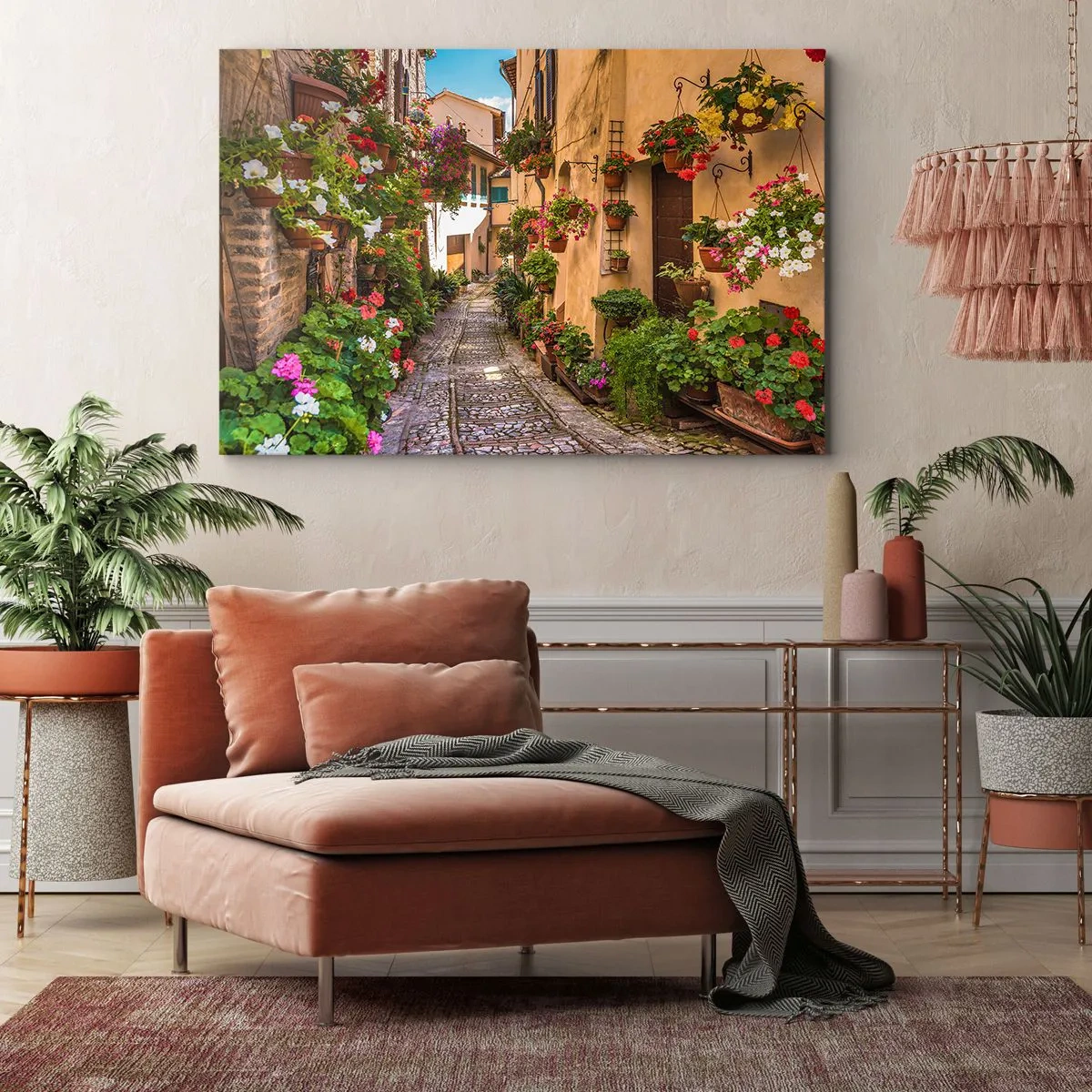 Cuadro sobre lienzo - Impresión de Imagen - Una calle encantadora llena de flores y macetas. - 70x50cm - Callejón italiano - Decoración de pared moderna para salón y dormitorio ARTTOR