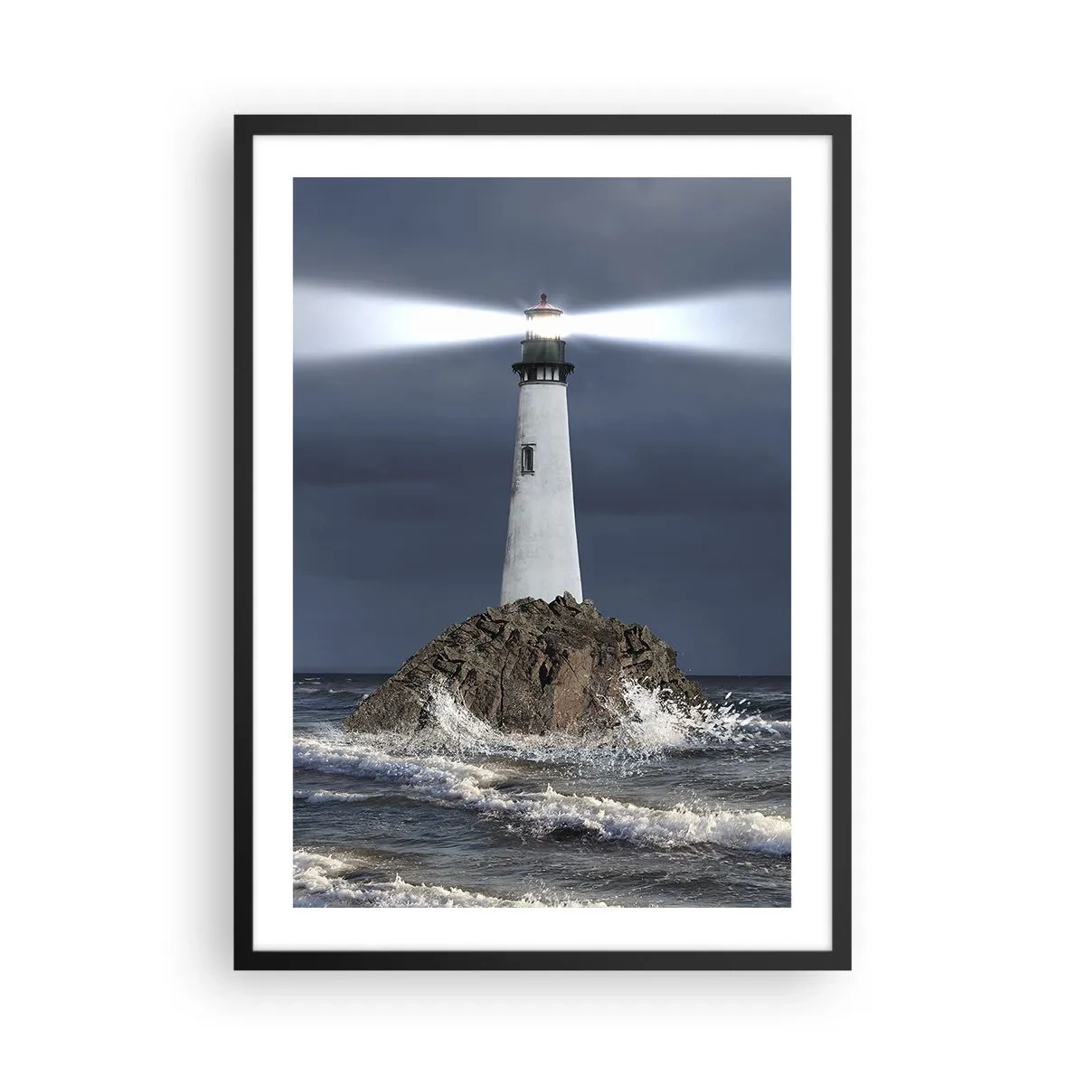 Póster en marco negro - Un faro en una roca en medio de las fuertes olas. - 50x70cm - ¡Aquí... aquí... aquí! - Decoración de pared moderna para salón y dormitorio ARTTOR