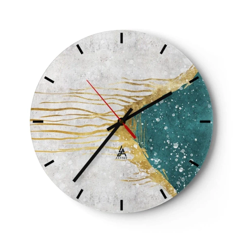 Reloj de pared - Reloj de vidrio - Líneas doradas y textura turquesa sobre un fondo blanco. - 30x30cm - Marea dorada - Decoración de pared moderna para salón, cocina y dormitorio ARTTOR