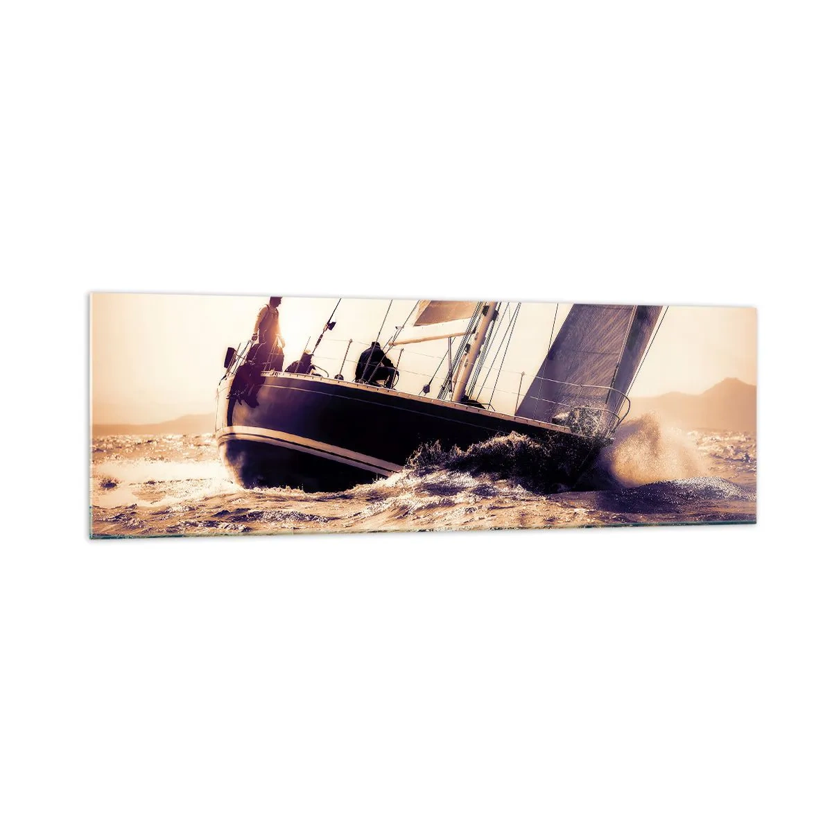 Cuadro sobre vidrio - Impresiones sobre Vidrio - Un yate en un mar tempestuoso a la luz del sol poniente. - 160x50cm - Navega, marinero - Decoración de pared moderna para salón y dormitorio ARTTOR